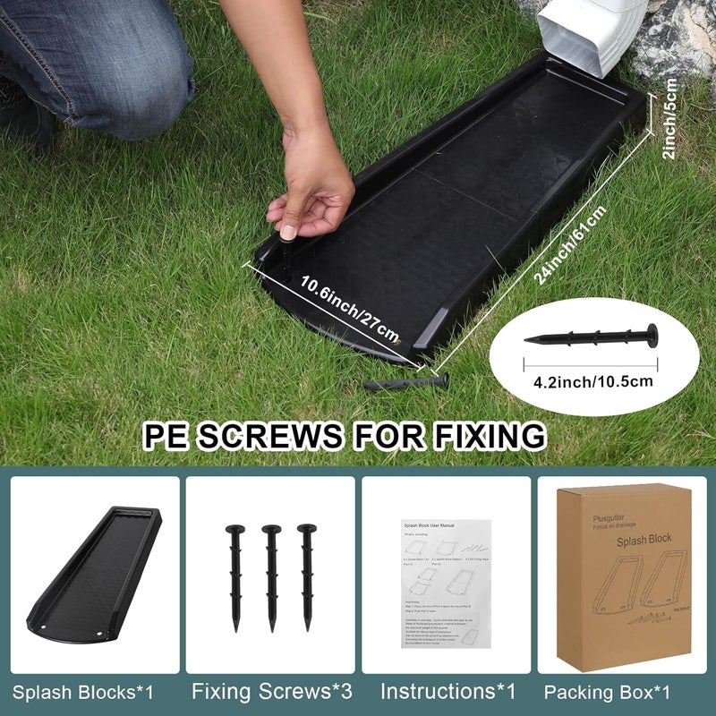 plusgutter Rain Gutter Downspout Splash Block, Gutter Downspout Extensions for Water Drainage, 24" Gutter Splash Guards Downspout Extender, Fixable Down spout Drain Trays with PE Nails(1 Pack, Black) - Image 5